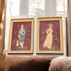 SET OF 2 NEEDLEPOINT FRAMED ART “Blue Boy And Pinkie” L. A. Bigelow Boston